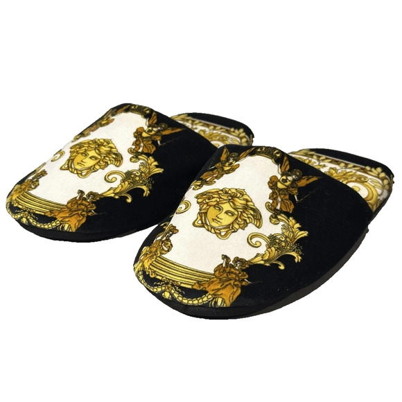 NWT Versace Medusa Slip-On Slippers Size M (8-9) Renaissance-Print Black Gold - Picture 4 of 9